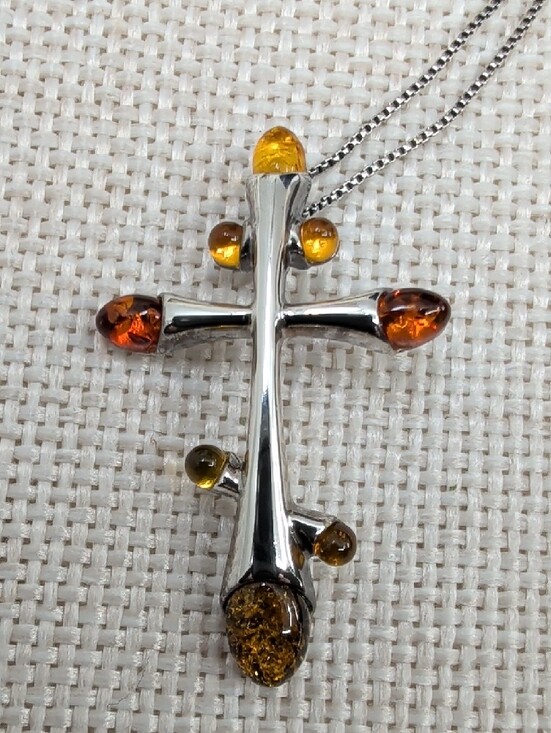 Jewelry - Vintage Baltic Amber Sterling Silver Cross Pendant Necklace 925 Poland 18"